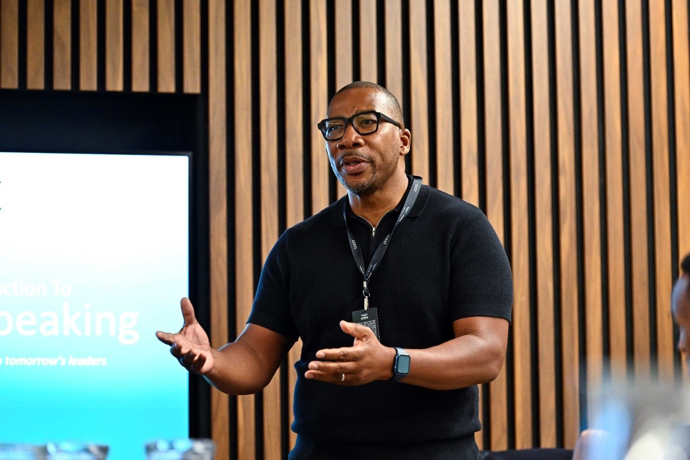 David Villa-Clarke leading a session on public speaking for emerging leaders