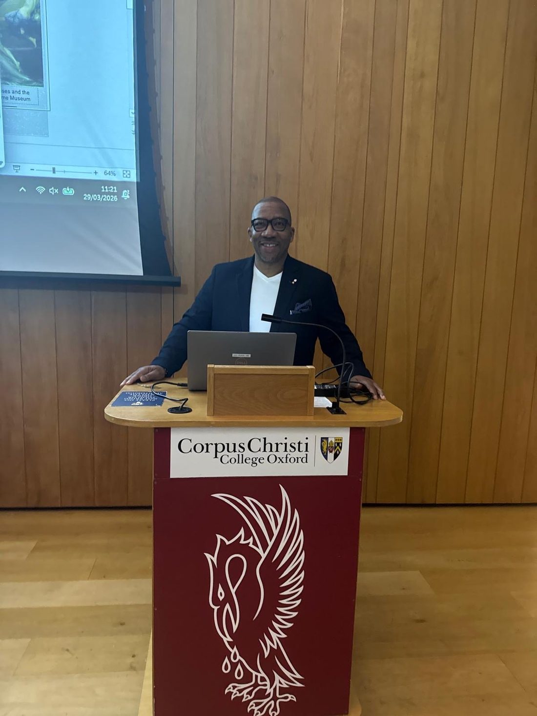David Villa-Clarke speaking at Corpus Christi College, Oxford